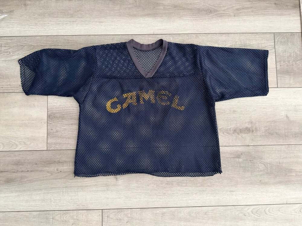 True Vintage 1980s Vintage Camel Cigarettes Blue Mesh Football Jersey Crop Top
